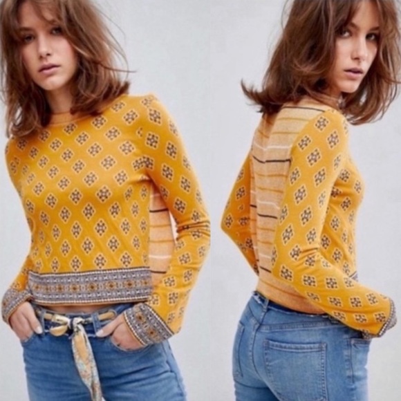 Free People New Age Yellow Boho Sweater Womens Small